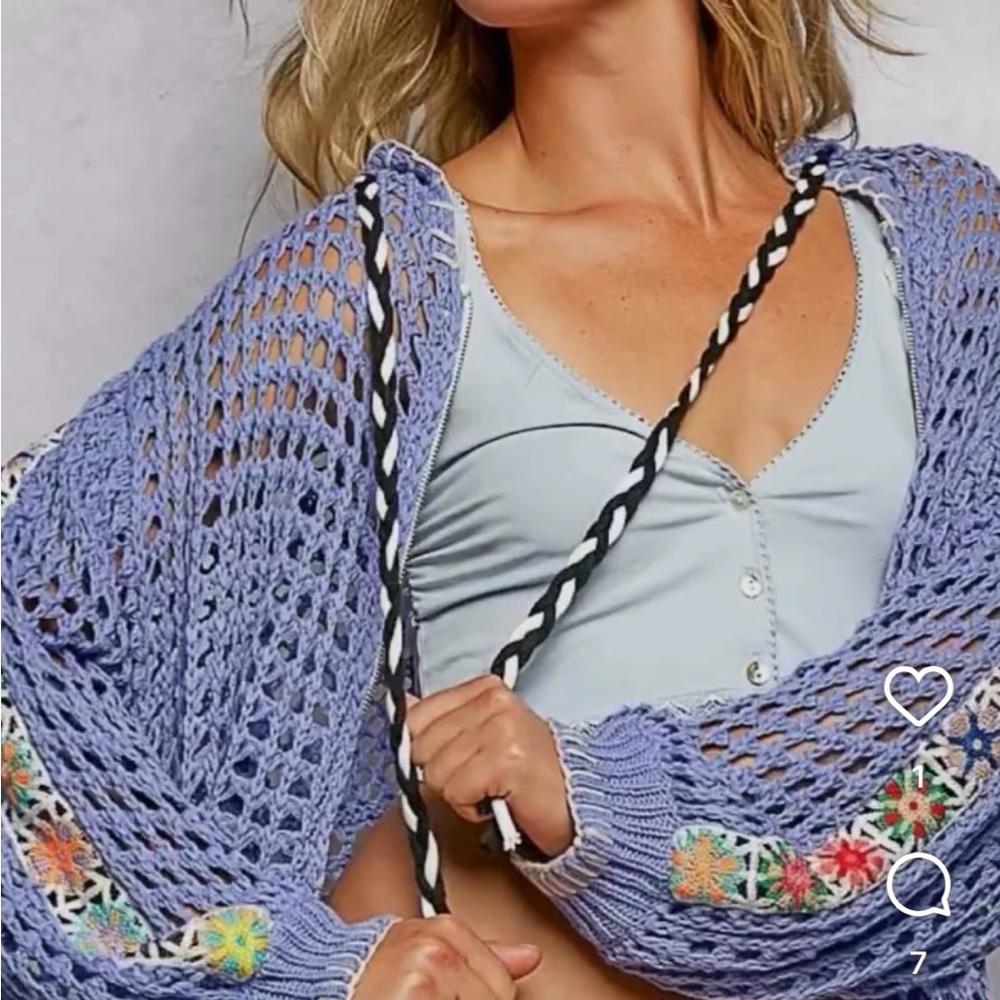 POL Periwinkle Purple Open Weave Crochet Cardigan with Floral Trim